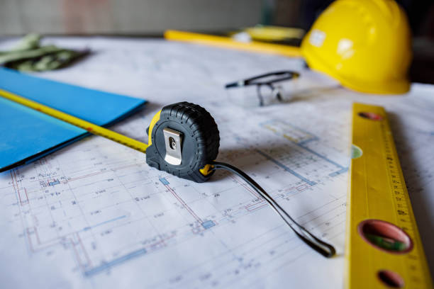 Close up of manual worker's equipment at construction site without people.